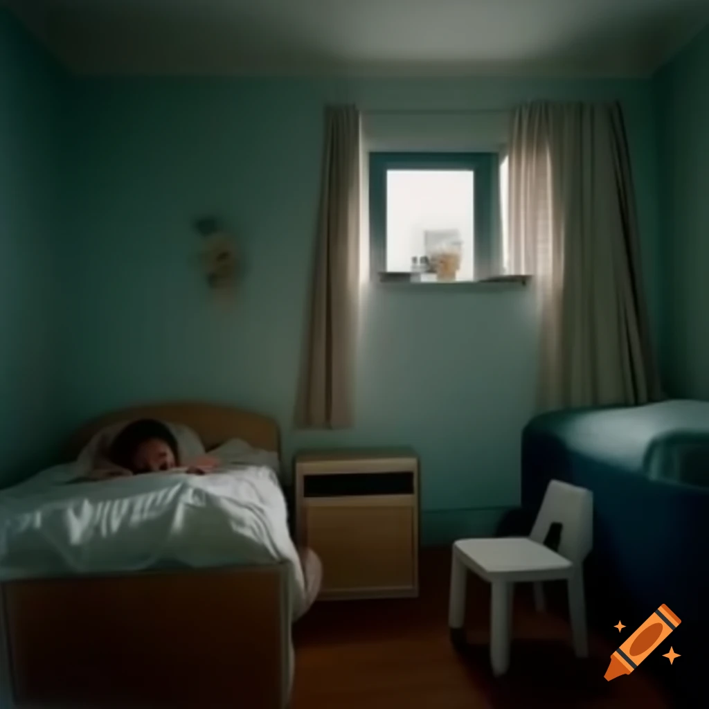 Empty nightstand in children's bedroom with sleeping child nearby