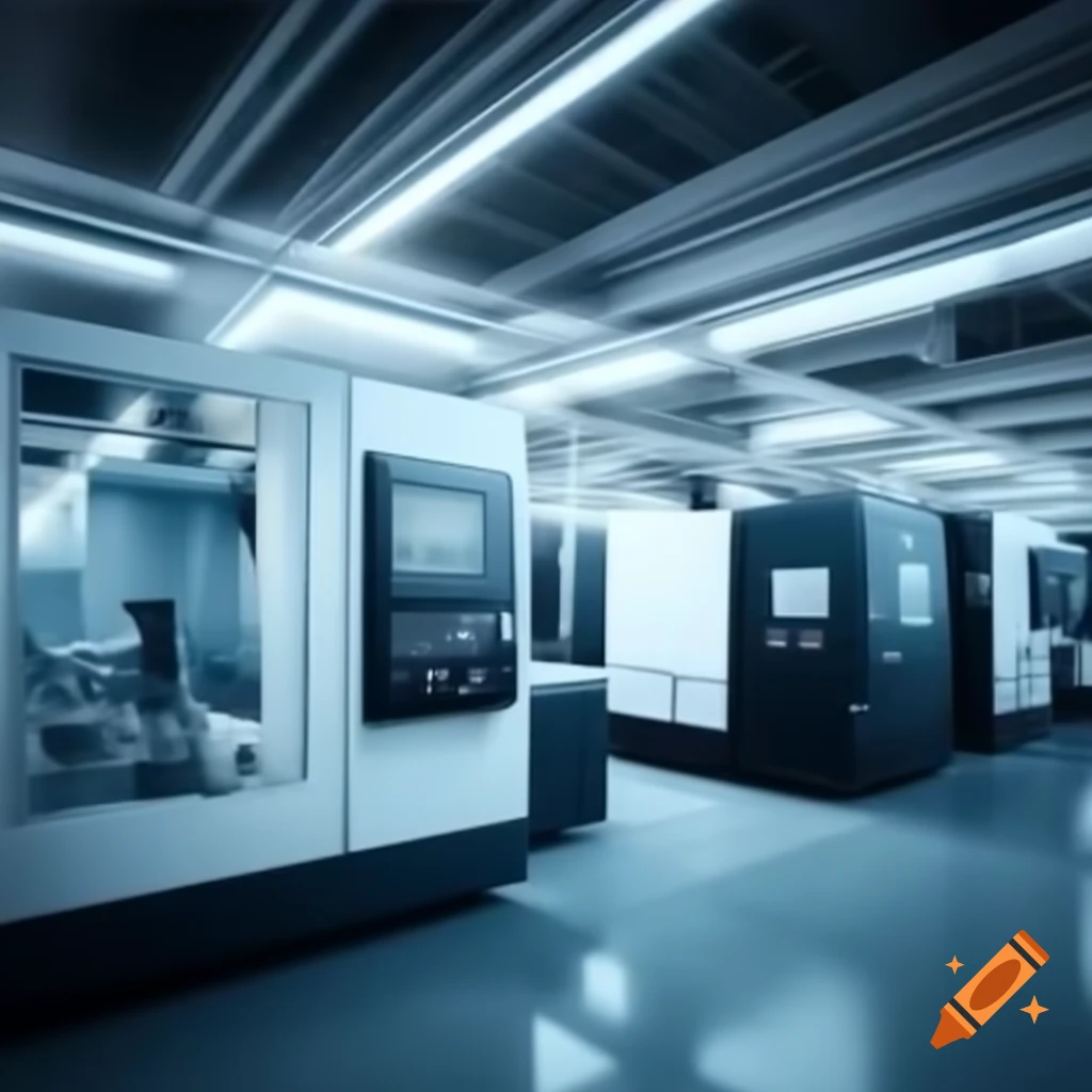 Modern production facility with CNC machines, bright and detailed high-resolution photography