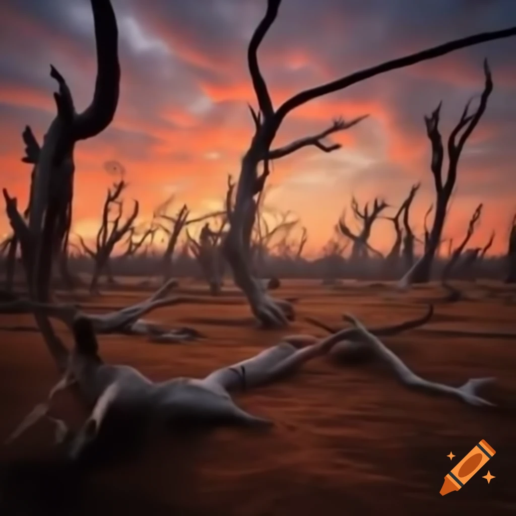 Desolate landscape with cut trees, dead wildlife, and harsh sunlight
