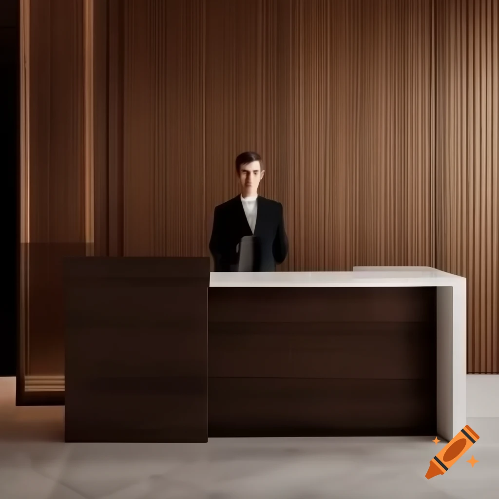 L-shaped reception desk with marble and dark wood components