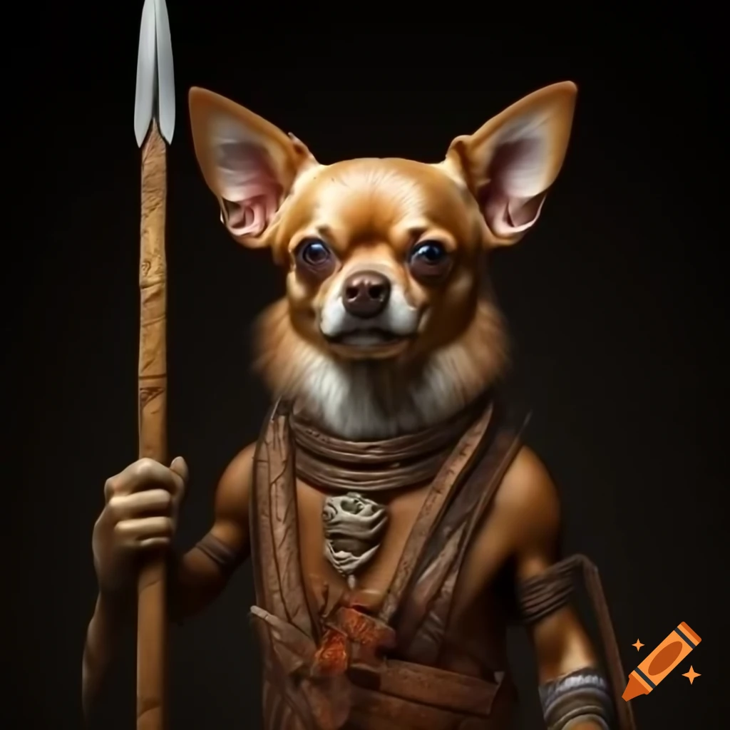 Hyper realistic anthropomorphic chihuahua in tribal clothing wielding spear in Simon Bisley art style