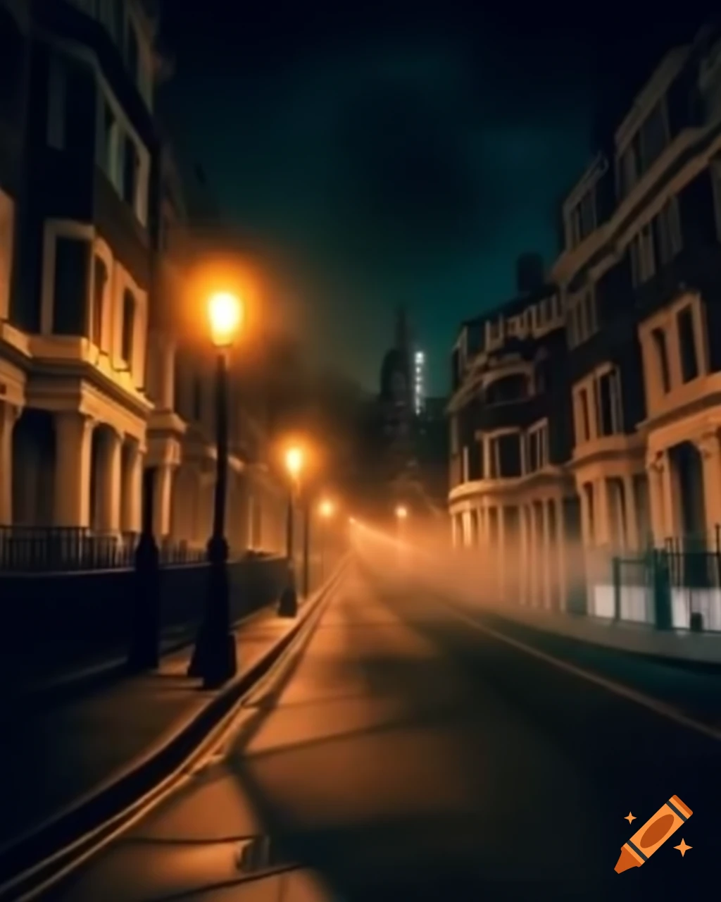 Victorian London street at night with fog and gas lamps