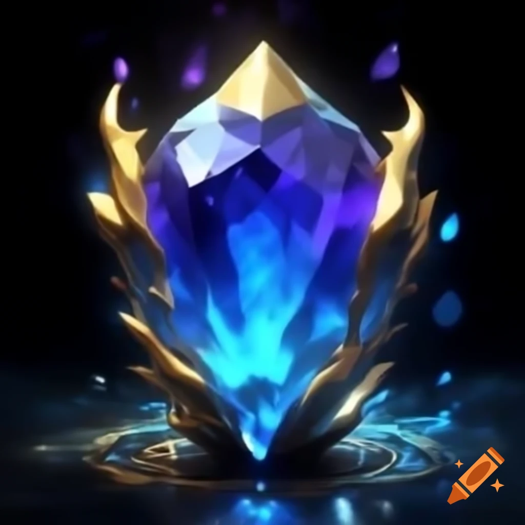 Magical blue gem with gold and purple glow, mystical and beautiful