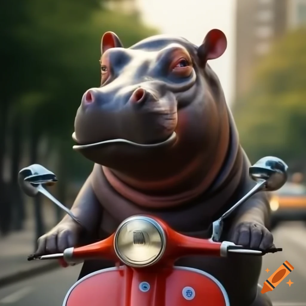 Hippo riding a Vespa, playful illustration