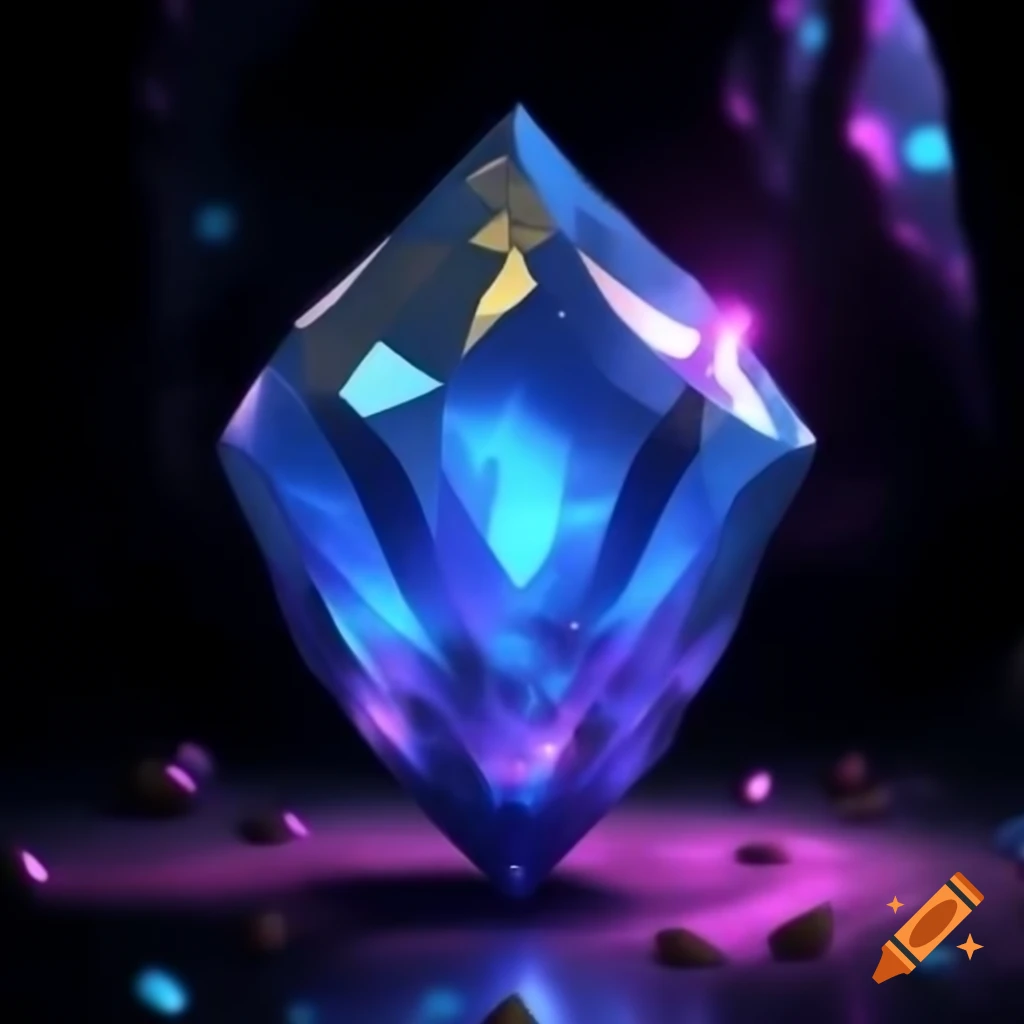Magical blue gemstone with gold and purple glow, mystical and beautiful