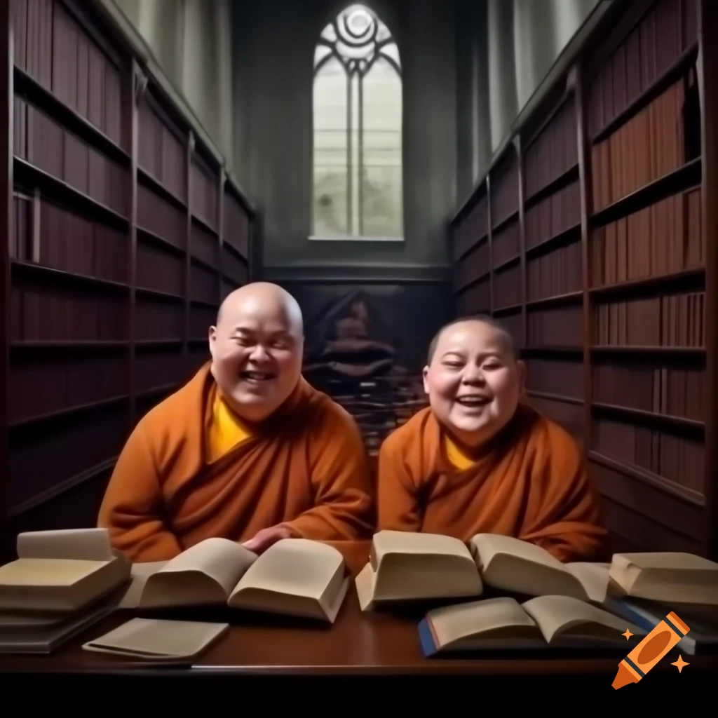 Two chubby monks laughing in old library with stained glass windows