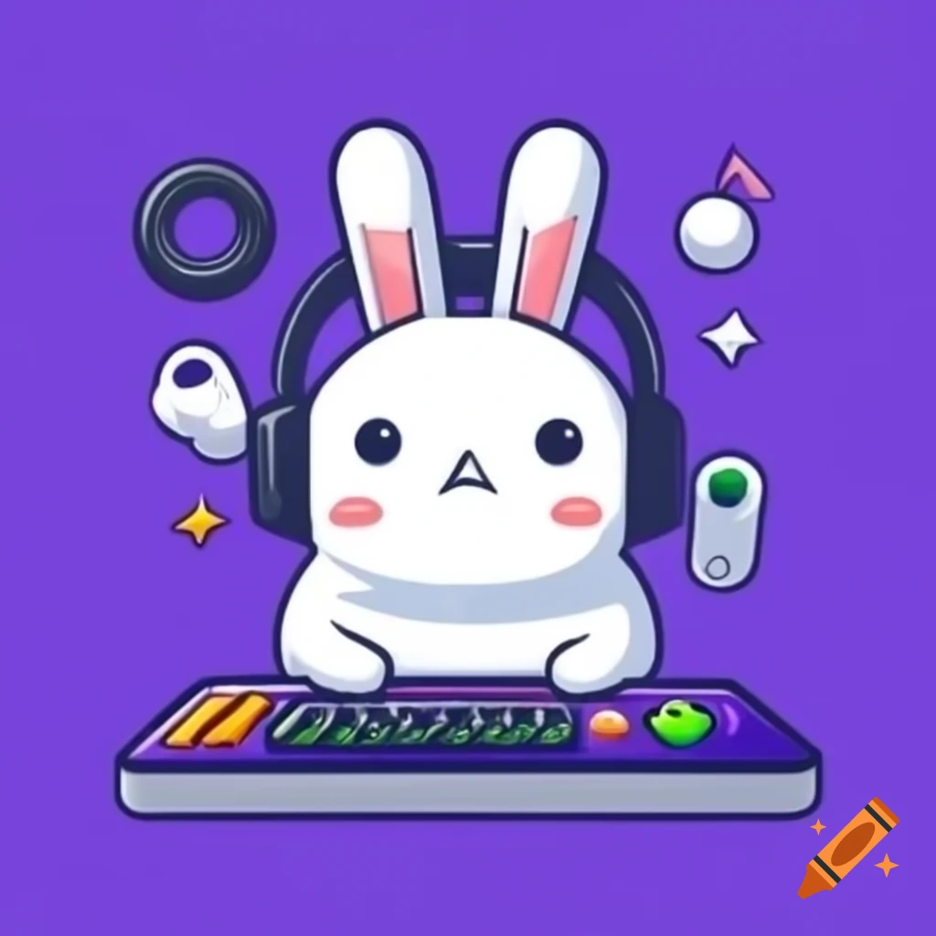Minimalistic cartoon rabbit on purple background with gaming accessories