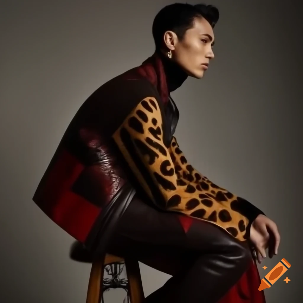 Man sitting on stool showcasing 2024 fashion trends including leather, plaid, and leopard print