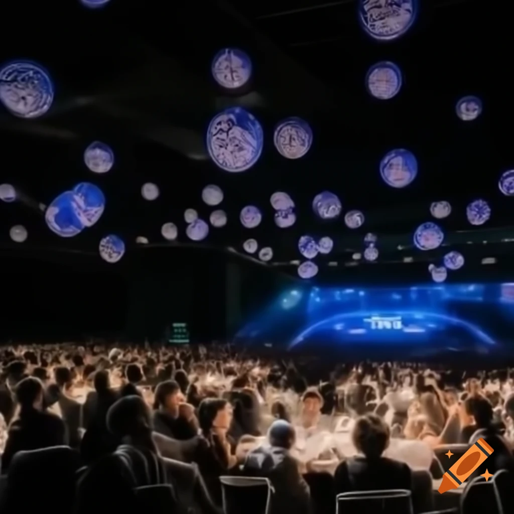 Futuristic conference scene with speaker in formal attire on high-tech stage