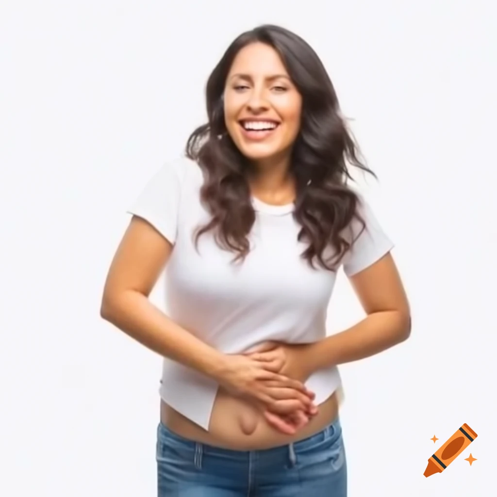Happy Peruvian woman posing with hands on her stomach against a white background