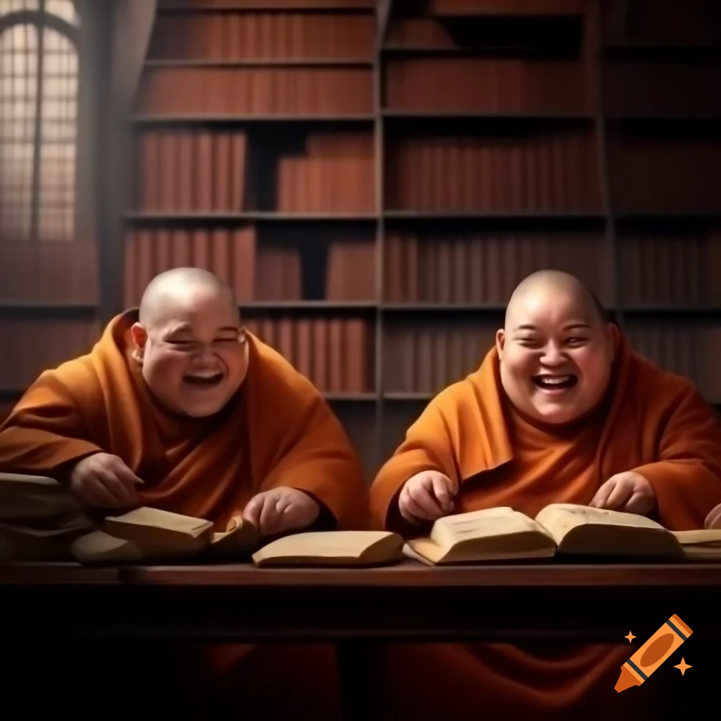 Two chubby monks laughing in an old library with stained glass windows