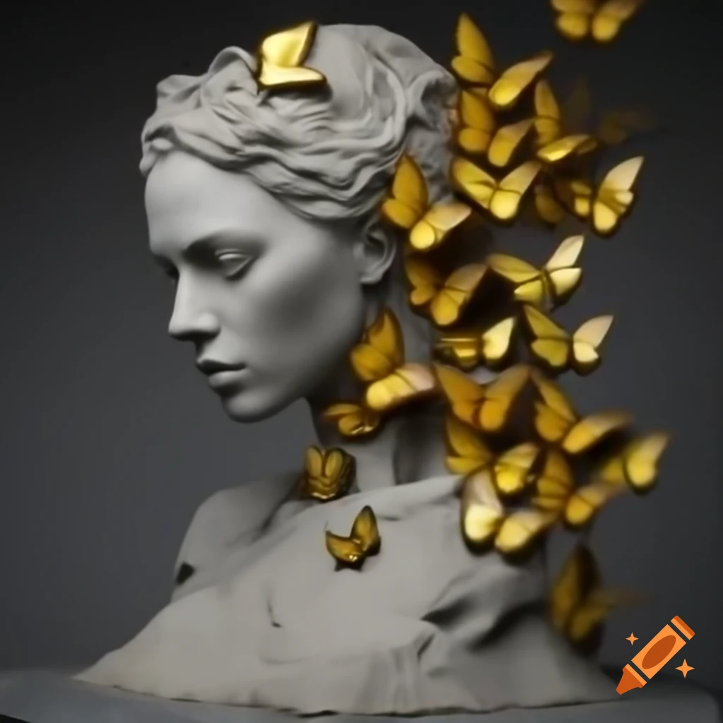 Concrete sculpture of woman transforming into golden butterflies