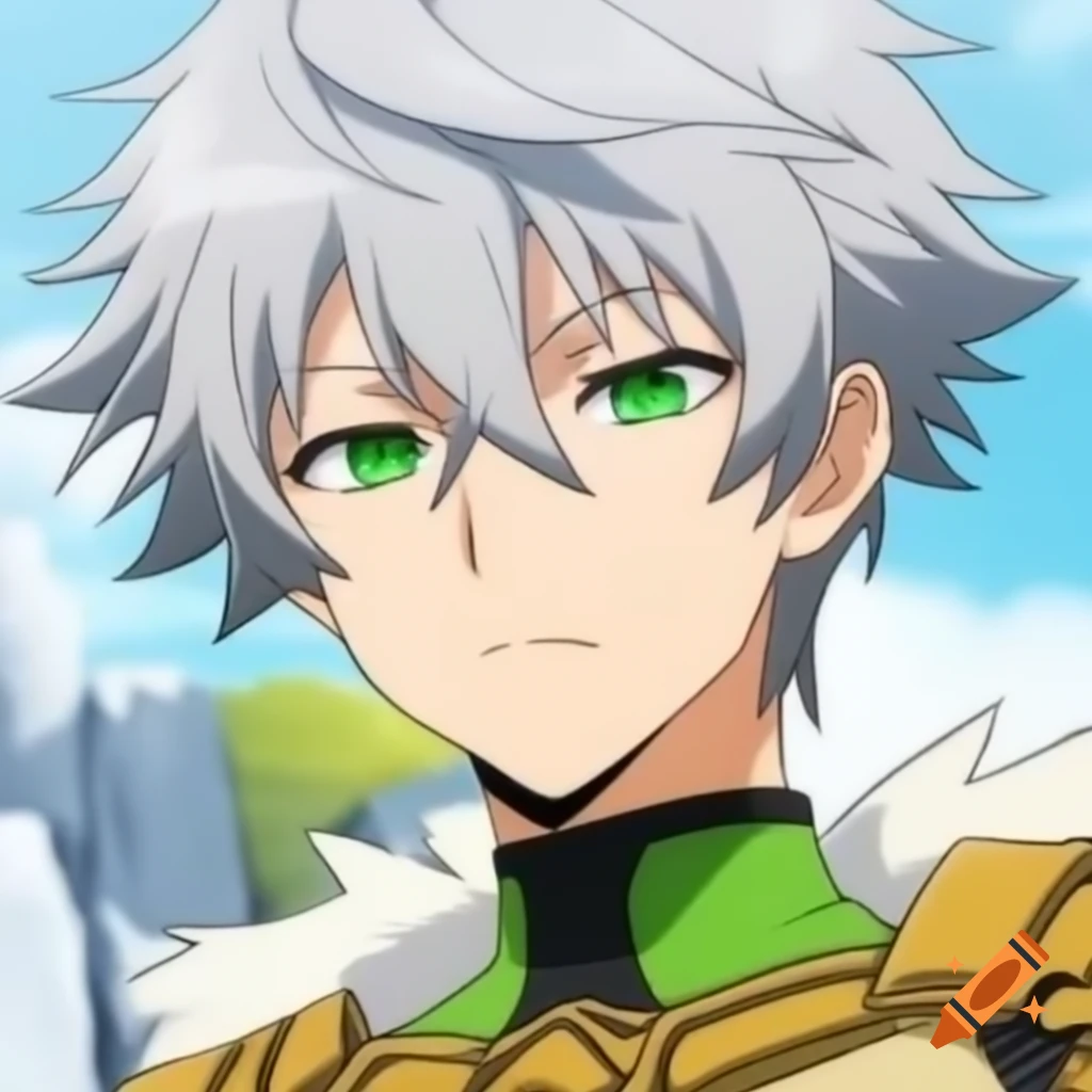 Anime character with gray hair and green eyes in armor