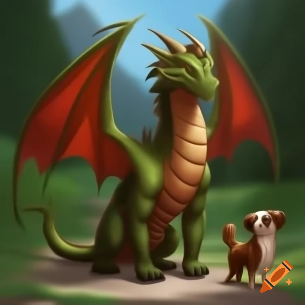 Beautiful dragoness and dog walking together