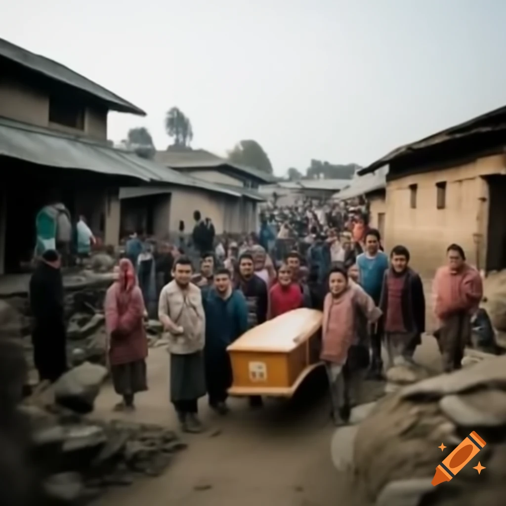 Rural Nepalese village with people gathered around a coffin