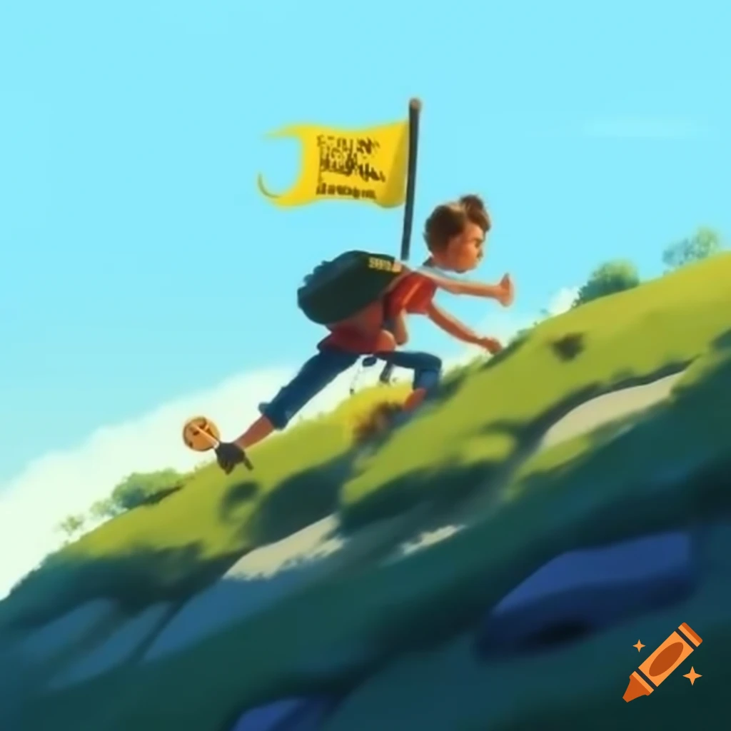 Person with backpack sliding down a hill towards goal flag