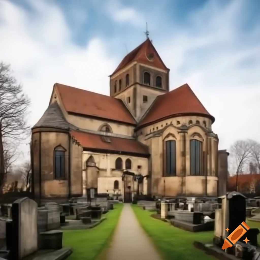 Romanesque church in Germany surrounded by tombstones and large cats