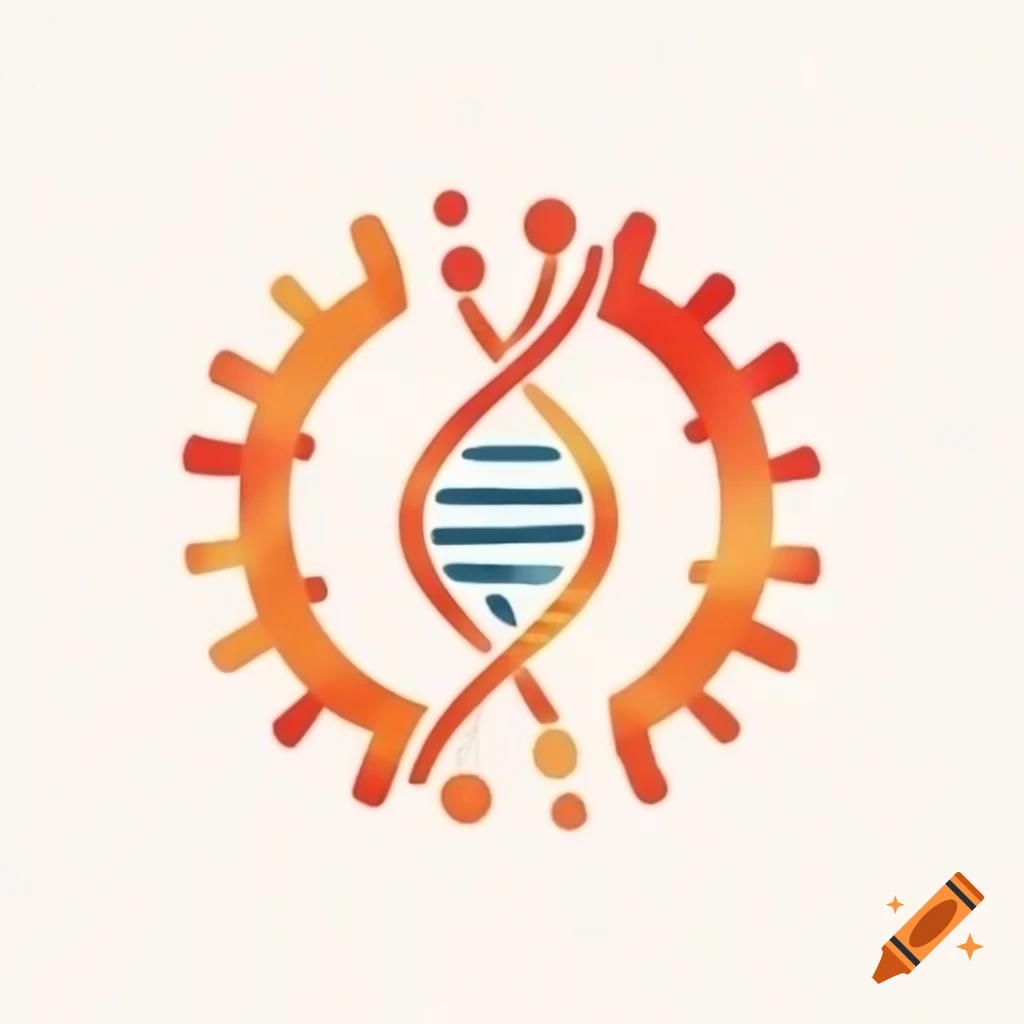 Stylized orange DNA logo in virus shape with triangles
