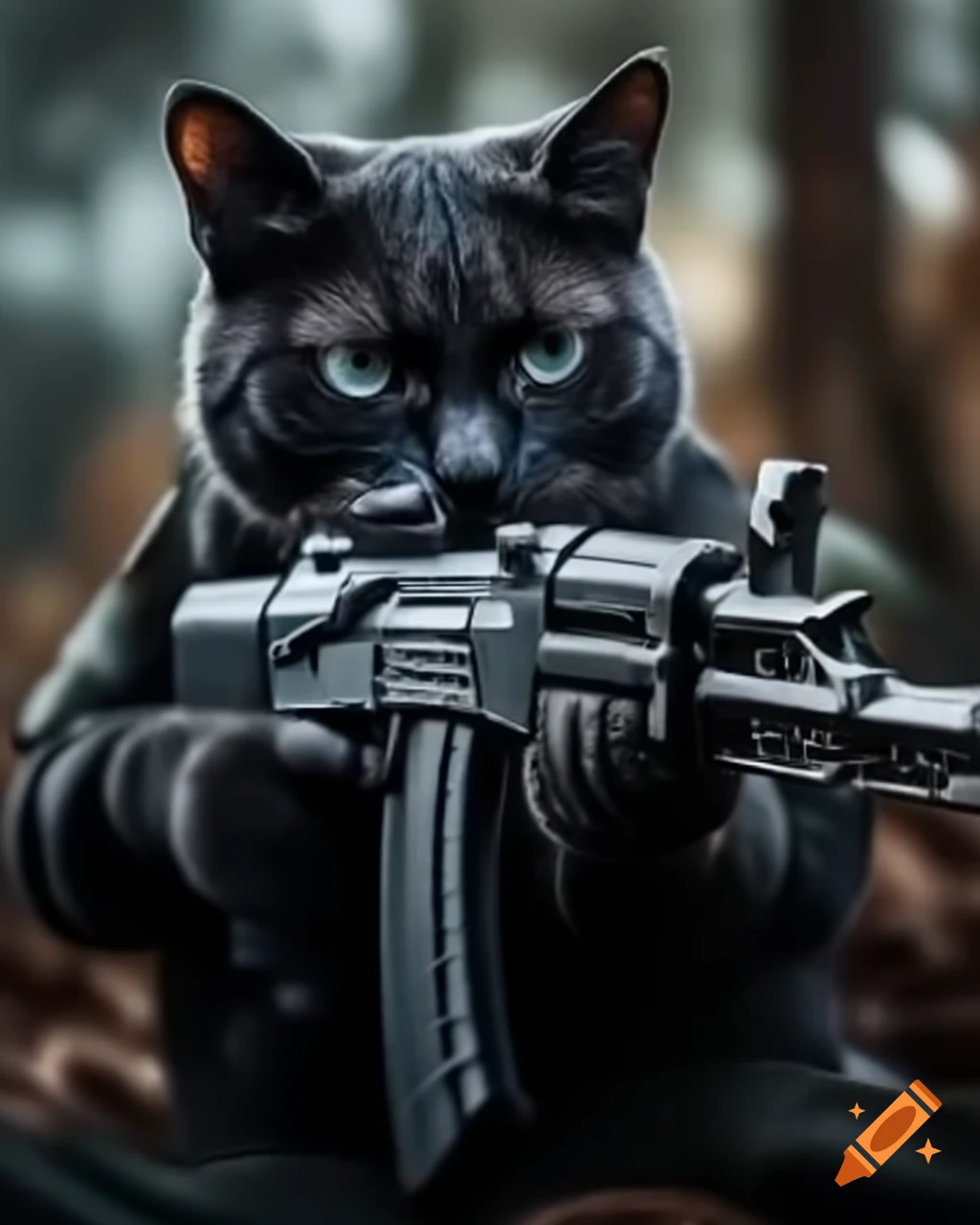 Black house cat aiming AK-47 in a tactical pose