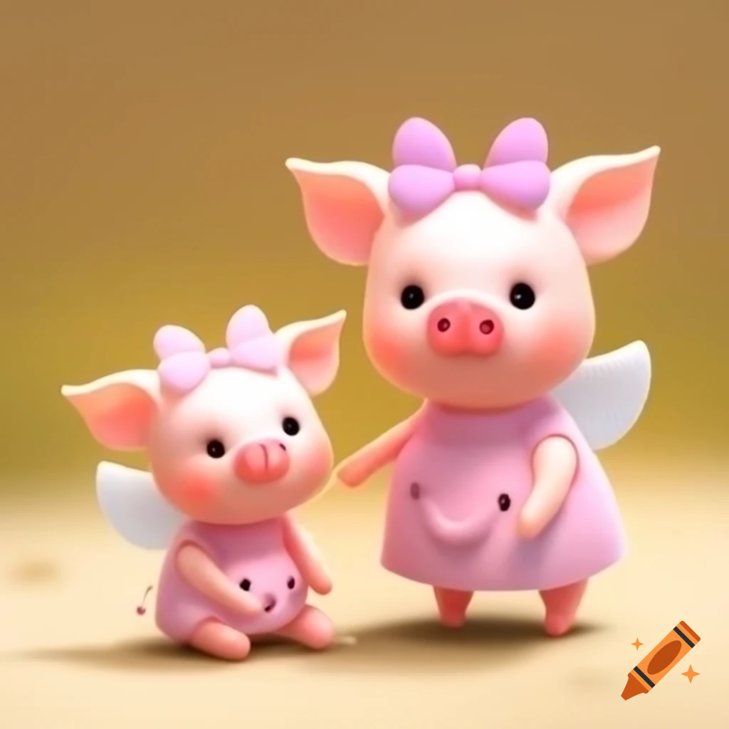Cute piglet dolls with angel wings and bows, smiling siblings