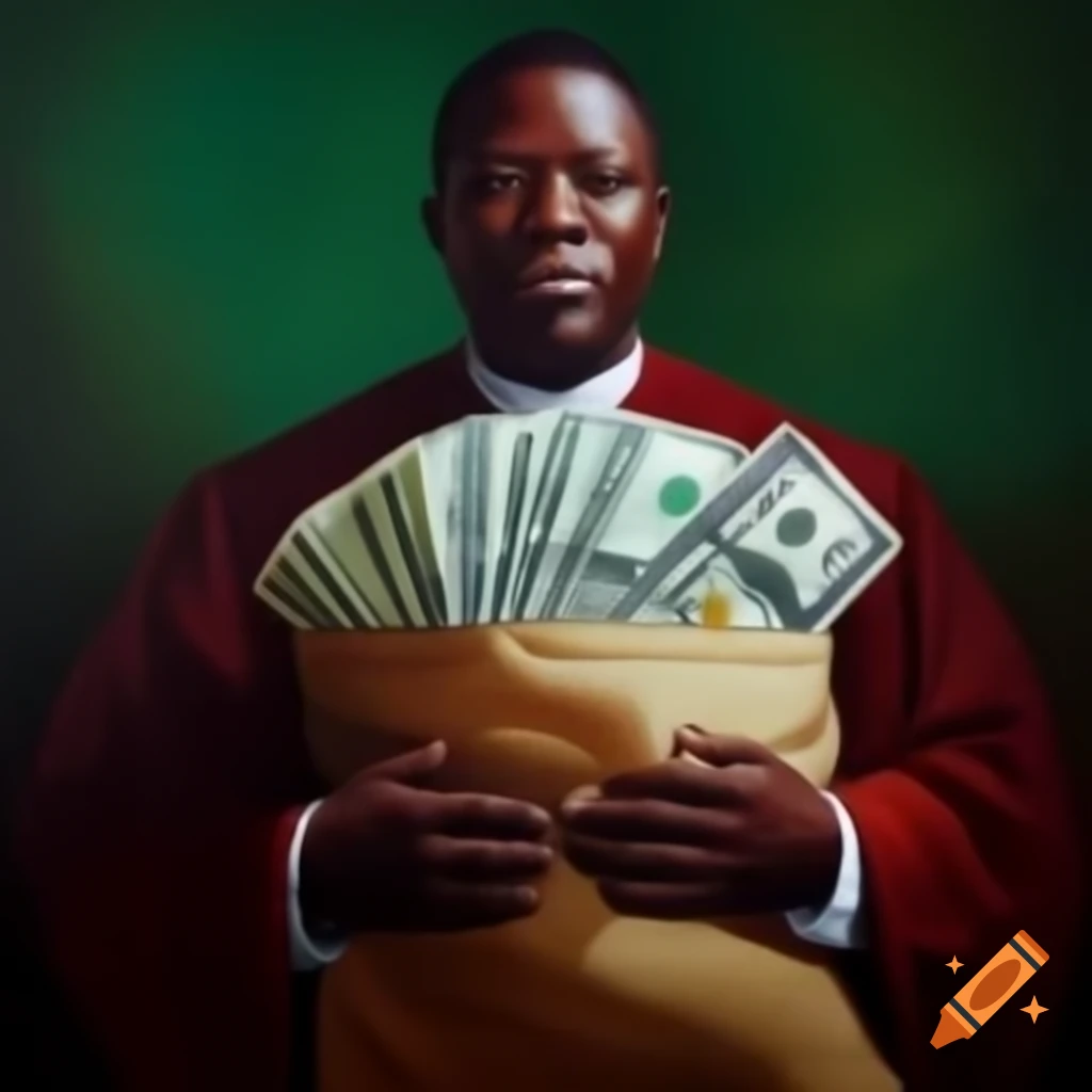 African pastor holding large bag of money