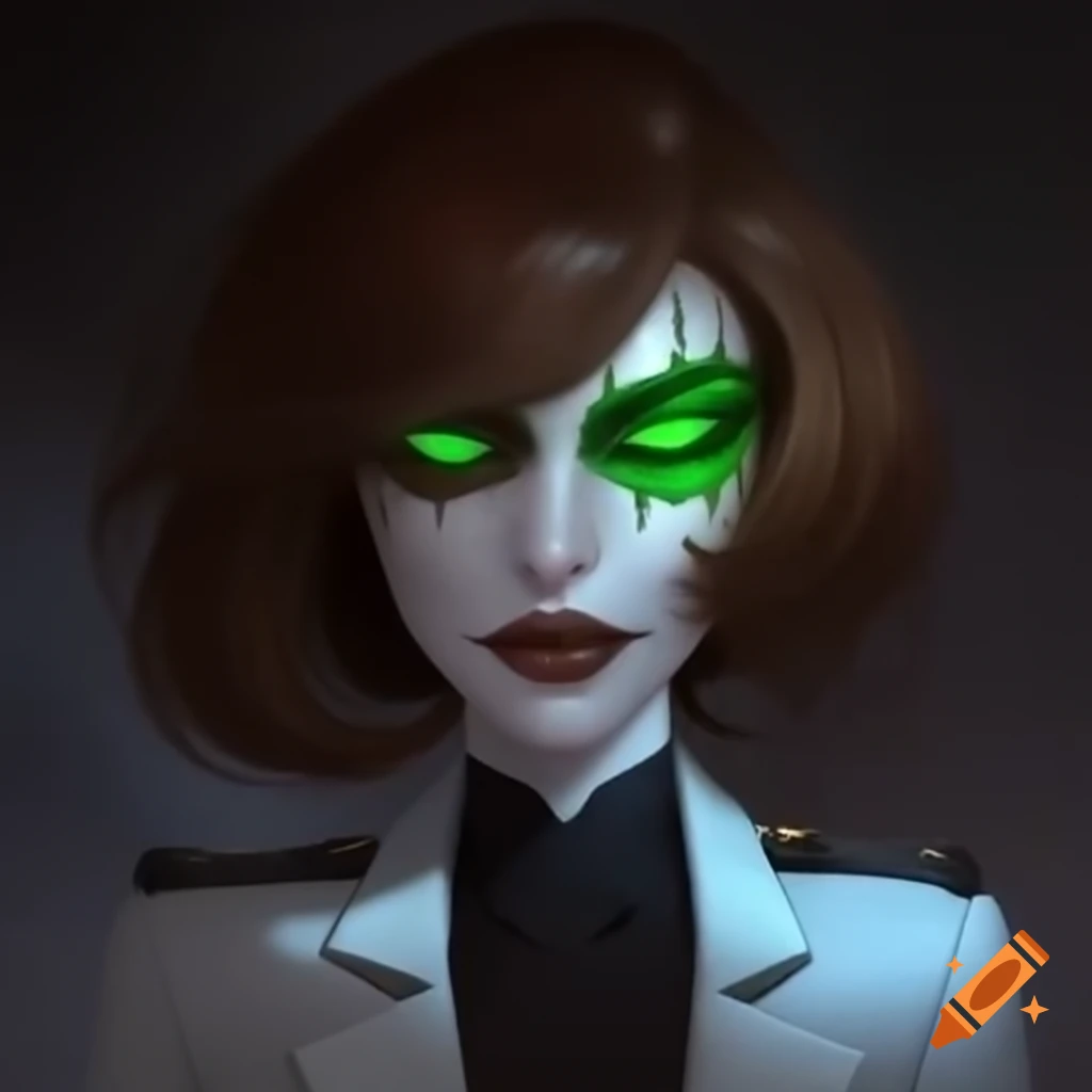 Woman with glowing green eyes and white mask in secretary suit