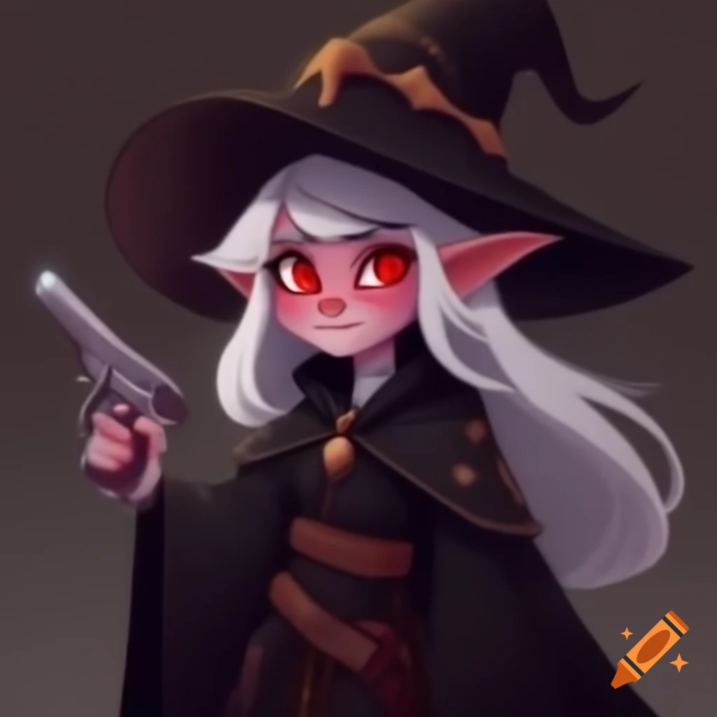 Cute Halfling girl with elven ears, silver hair, red eyes, and a magic robe, holding a pistol