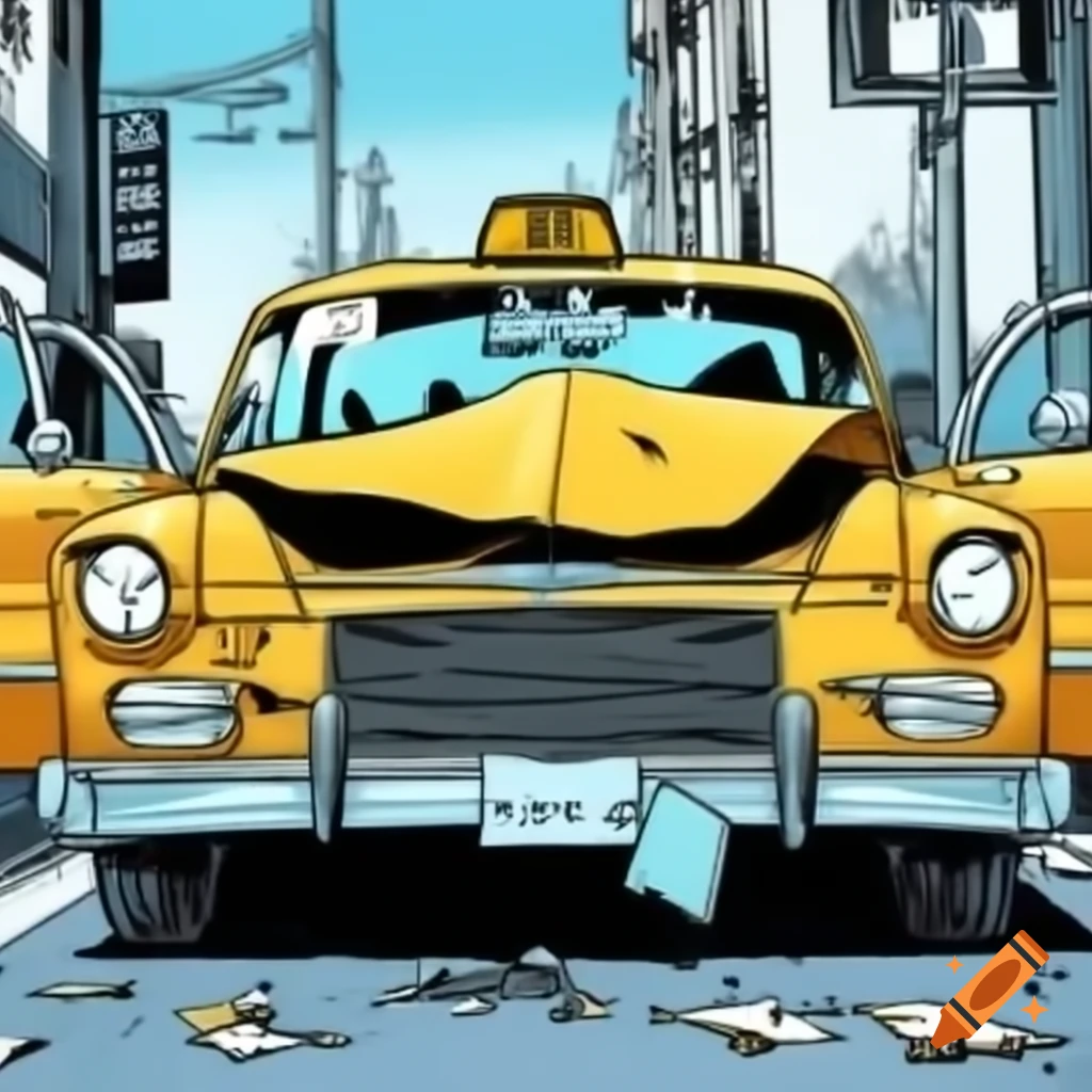 Taxi car with smashed front due to accident