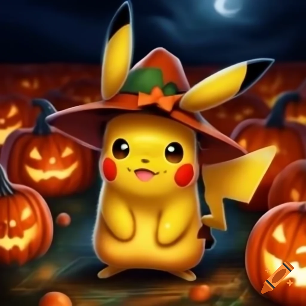 Mischievous Pikachu with orange hat under harvest moon near Jack O'Lanterns