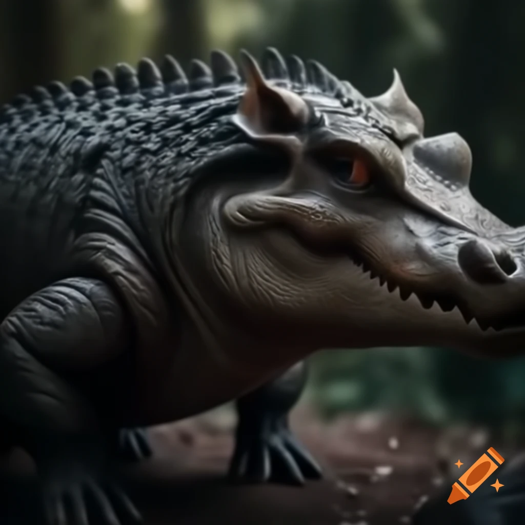 Hyper realistic fantasy creature hybrid of wild boar and crocodile with fur and scales