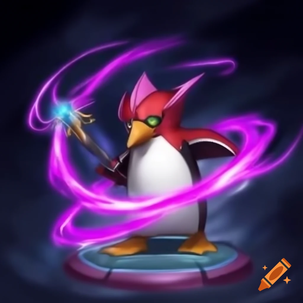 Mystical red penguin casting magic spell in Yu-Gi-Oh art style