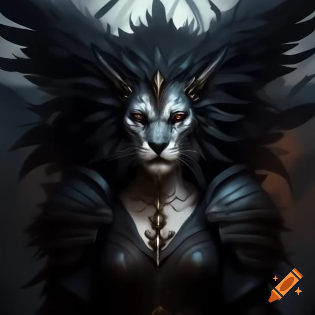Person with black lion head and wings in dark medieval fantasy setting