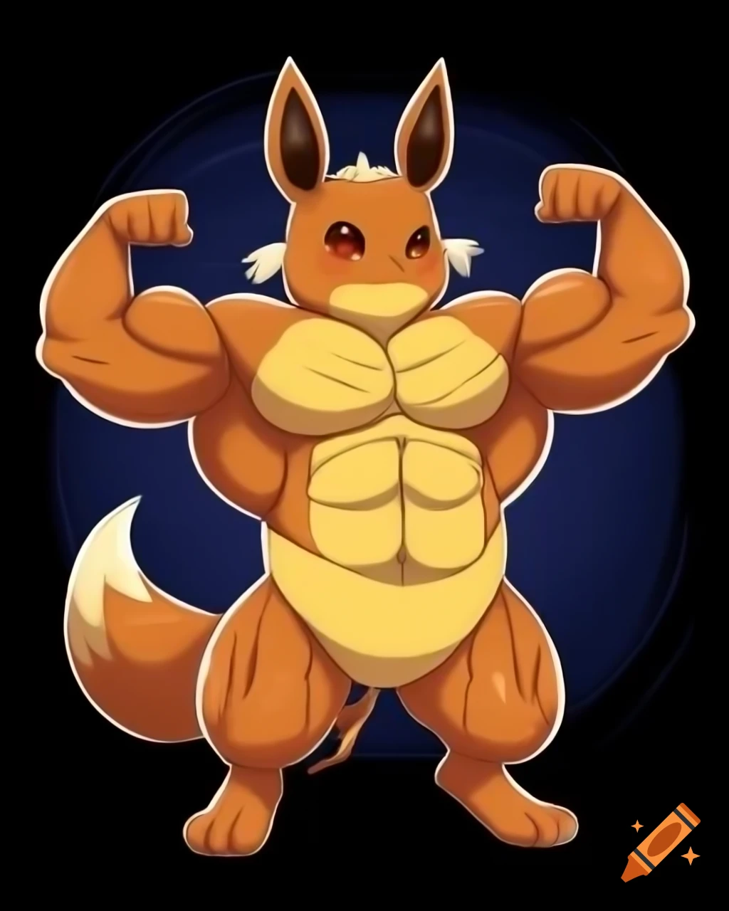 Muscular anthro Eevee bodybuilder flexing muscles in furry art style