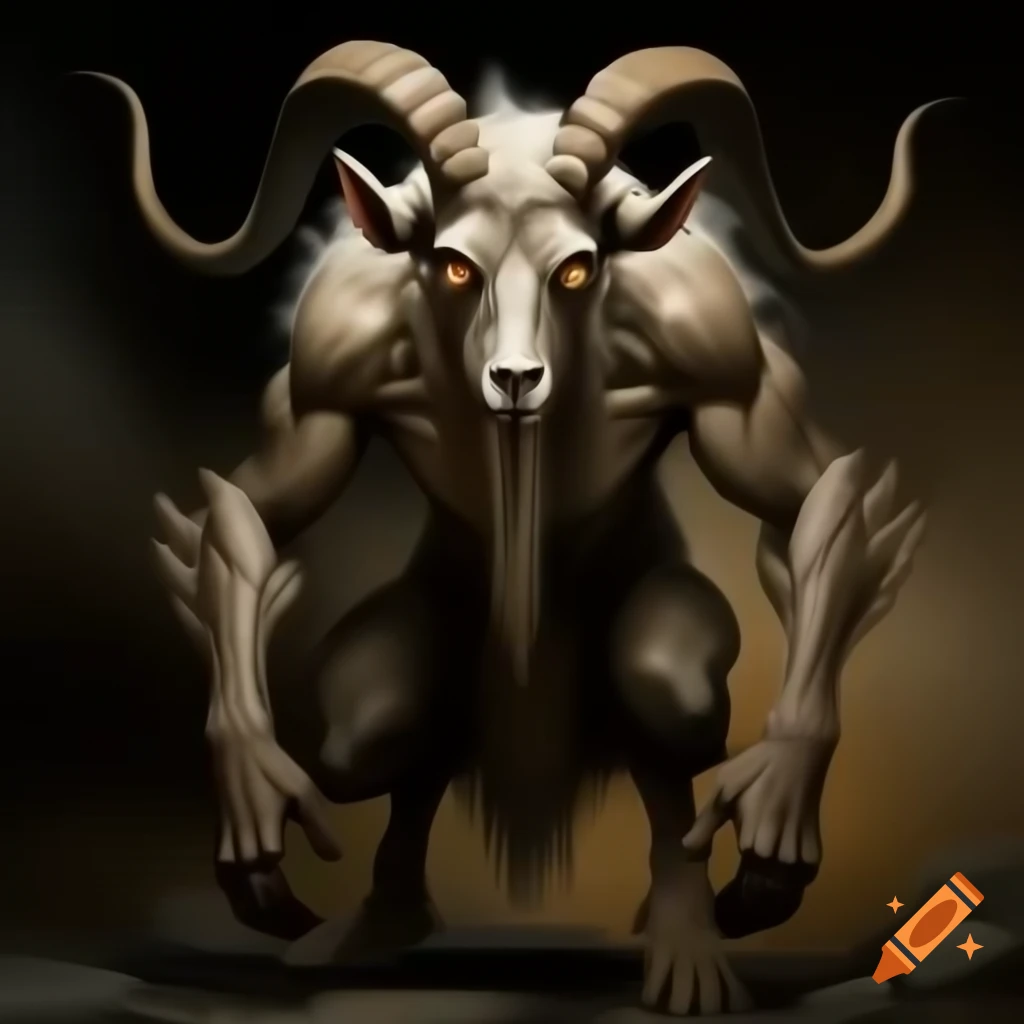 Goat-headed demon with large horns and muscular legs in realistic oil painting
