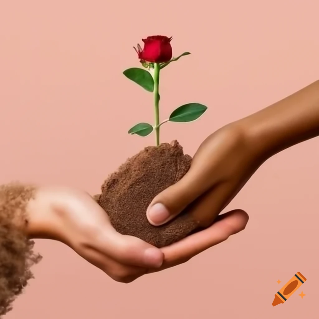 Hands handling terrain with small rose plant