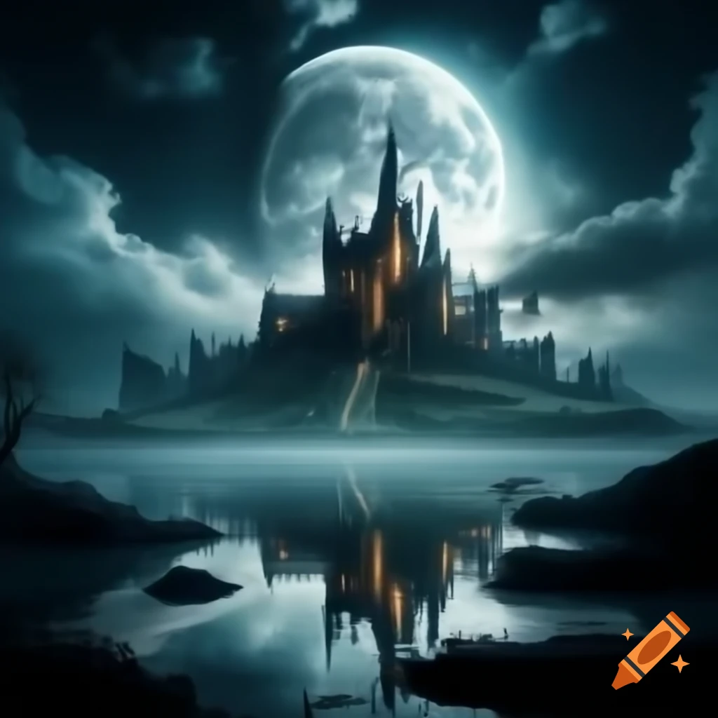 Majestic gothic castle illuminated by moonlight beside tranquil waters