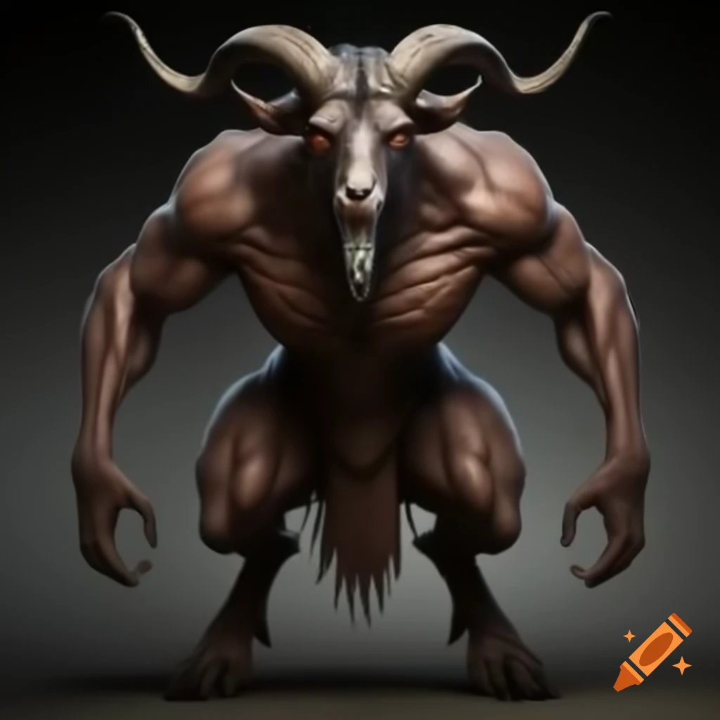 Goat-headed demon with muscular build and large horns in human posture