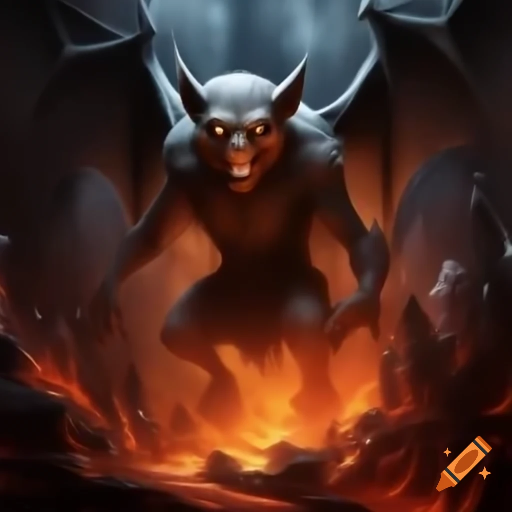 Incandescent lava rock bat sculpture with glowing wings
