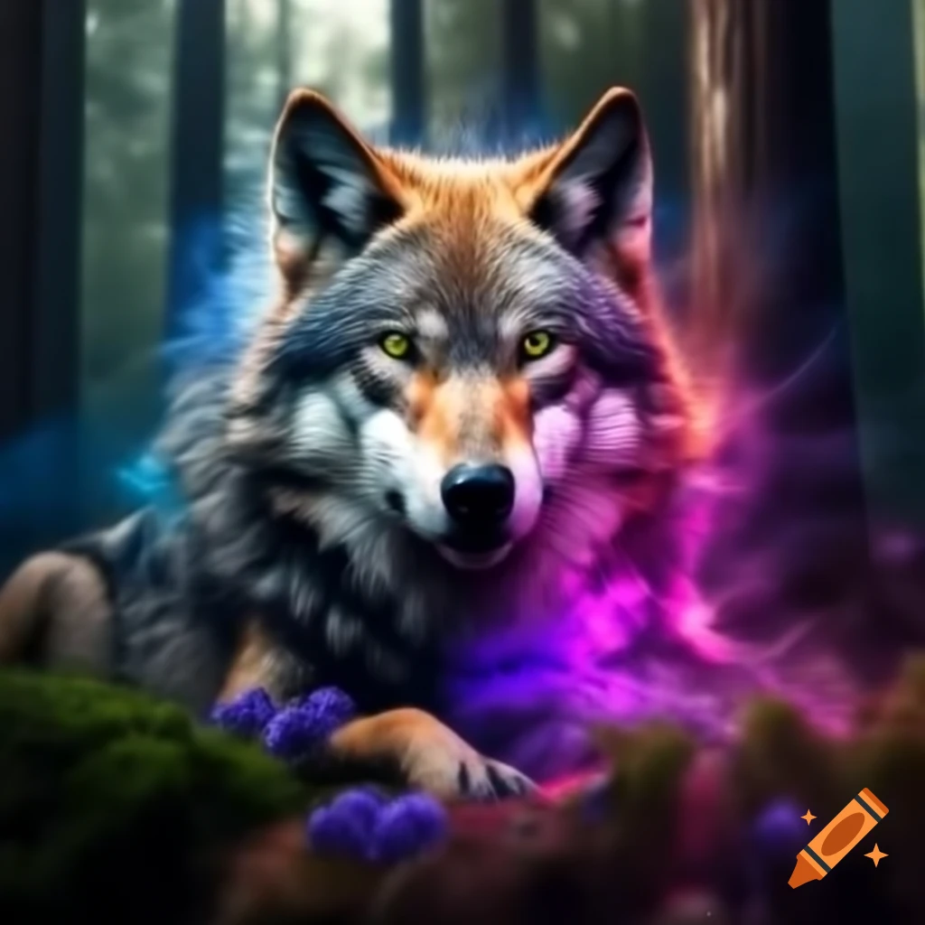 Wolf laying in forest with tall trees and purple flowers, surrounded by colorful smoke, realistic style