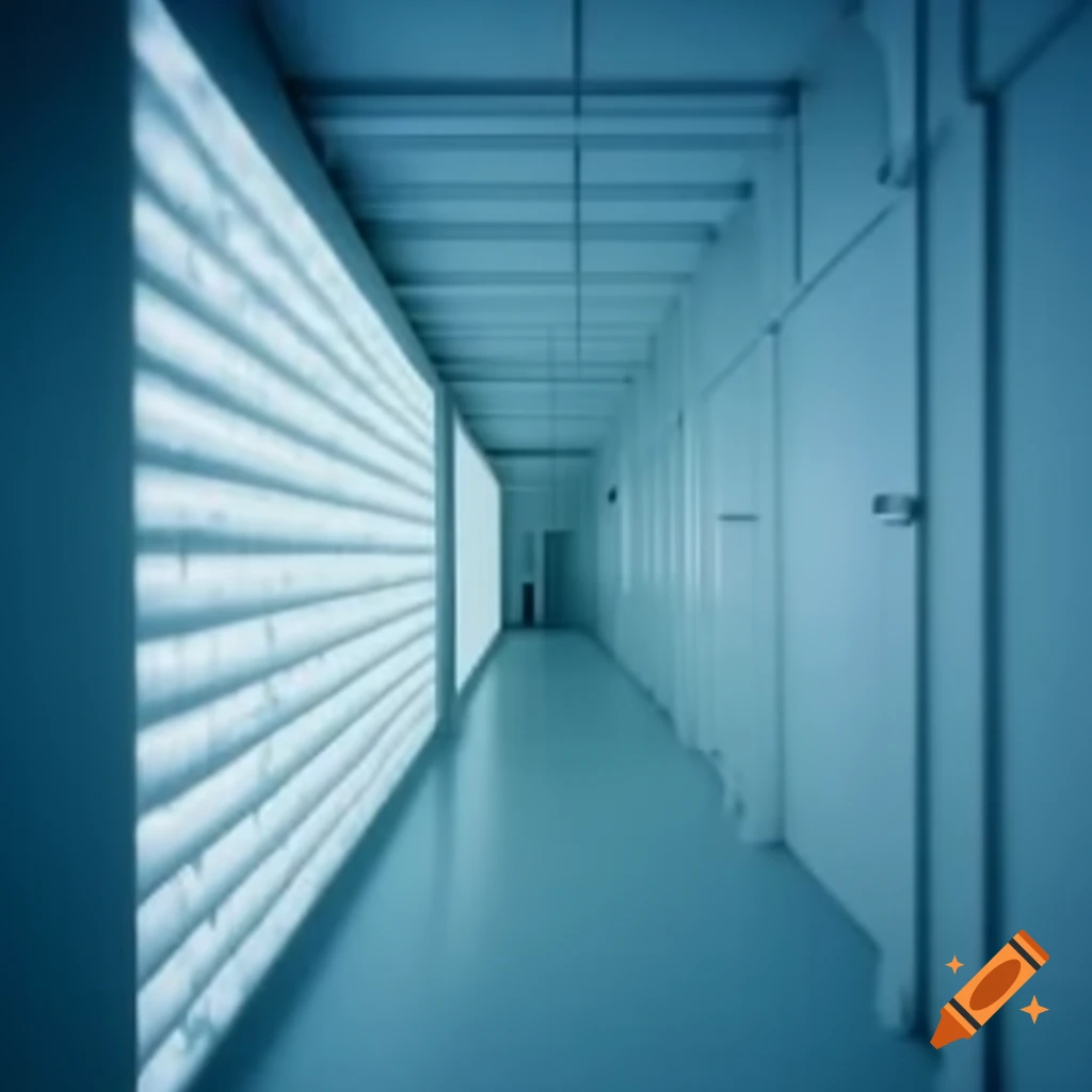 Sterile hallway of a 2004 research facility with white walls and fluorescent lights
