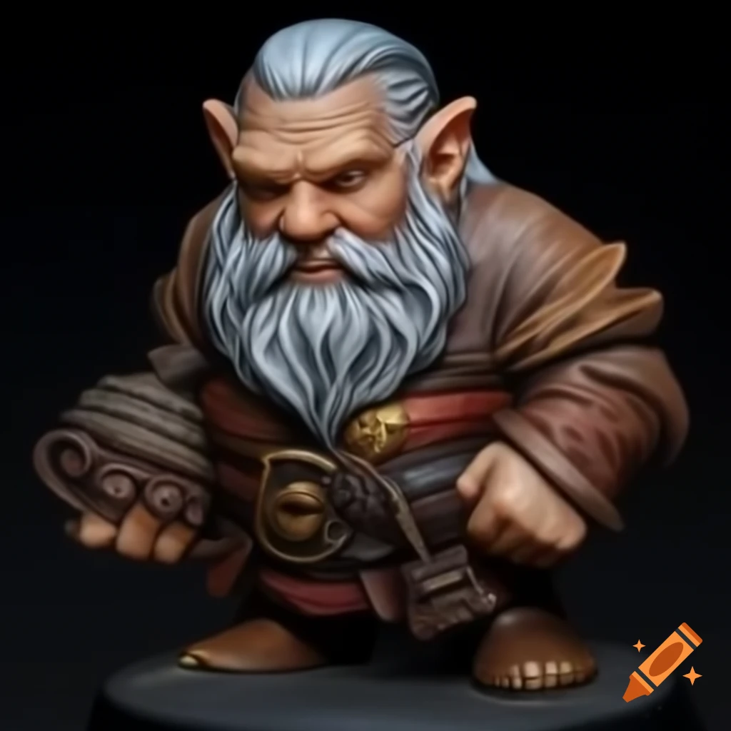 Portrait of a silver-haired male dwarf bard from D&D with large nose and ears