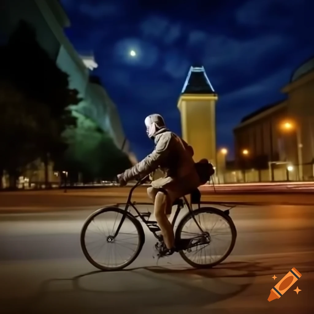 Ancient Magyar warrior cycling on Budapest streets at night, Van Gogh style sky