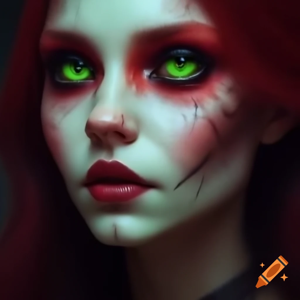 Closeup of alien cat with human woman features and fiery red hair