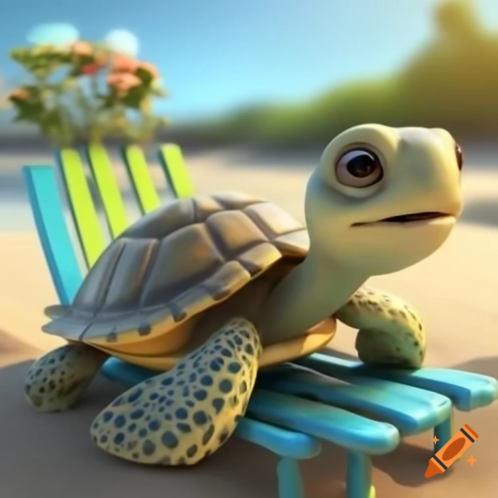 Turtle relaxing on beach chair in sunny day, photo realistic