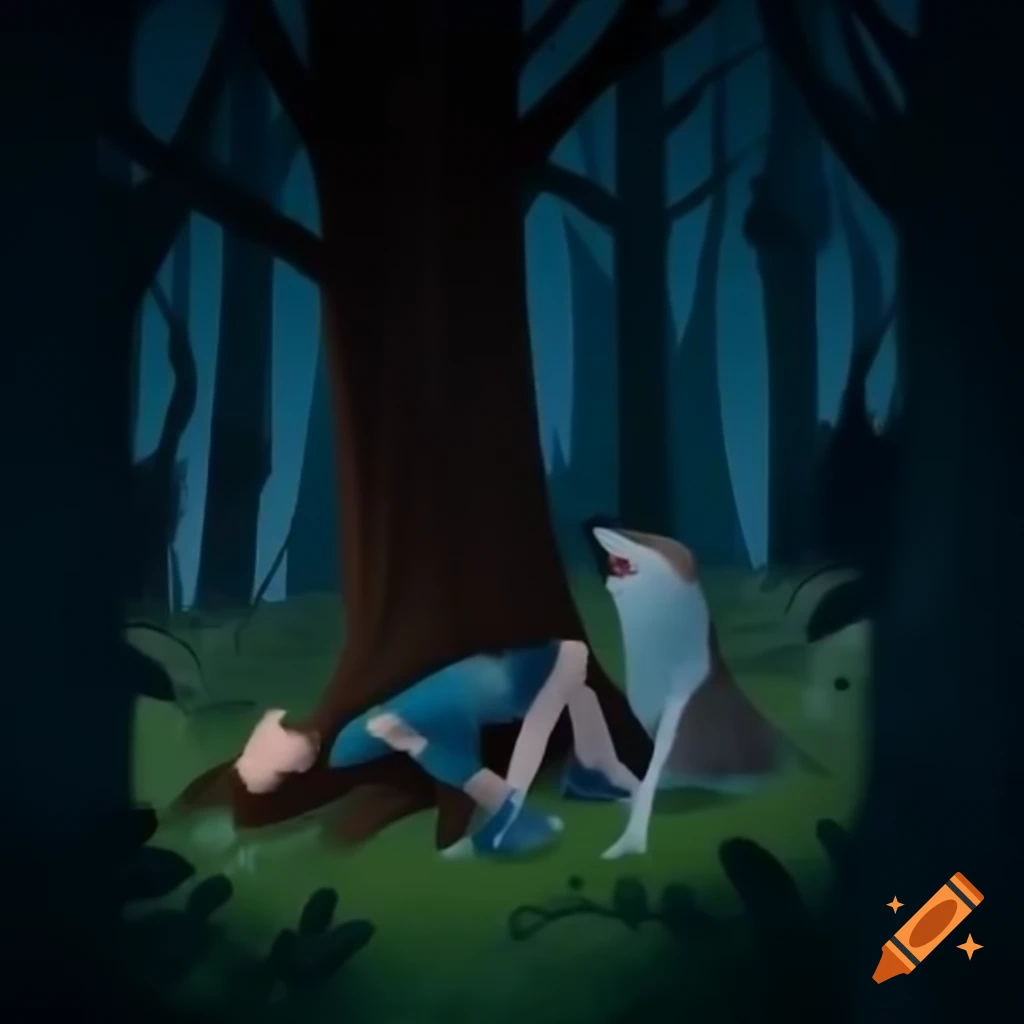 Dark forest scene with men under tree calling for help, wolves emerging in background