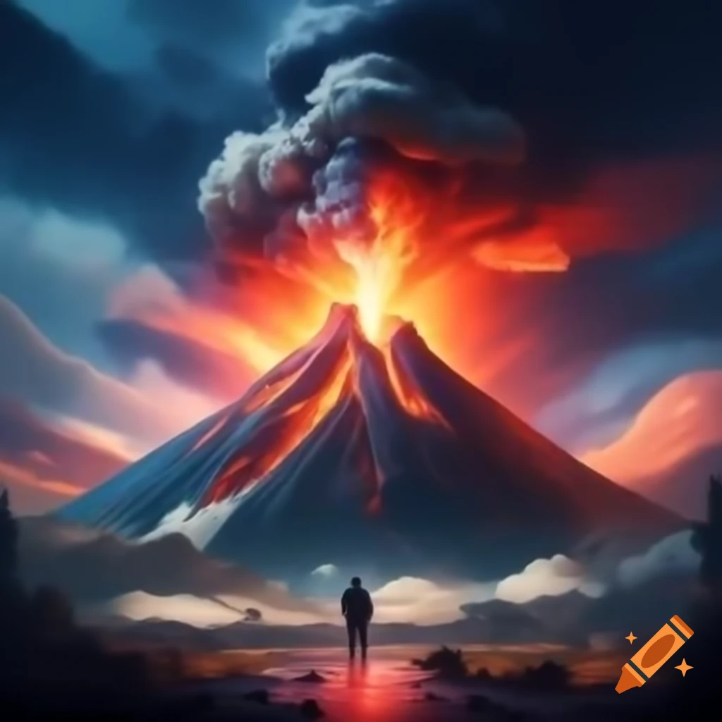 Volcano erupting with volcanologist observing