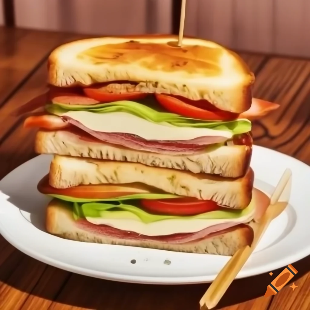 Double layer sandwich with ham, mayo, lettuce, tomato, bacon, cheese, and apple on a plate