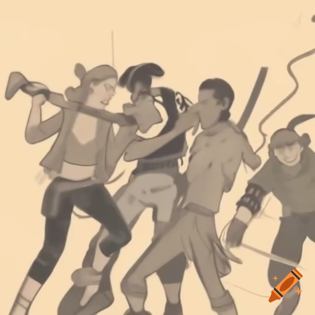 Group of thieves confronting a man in a dramatic scene