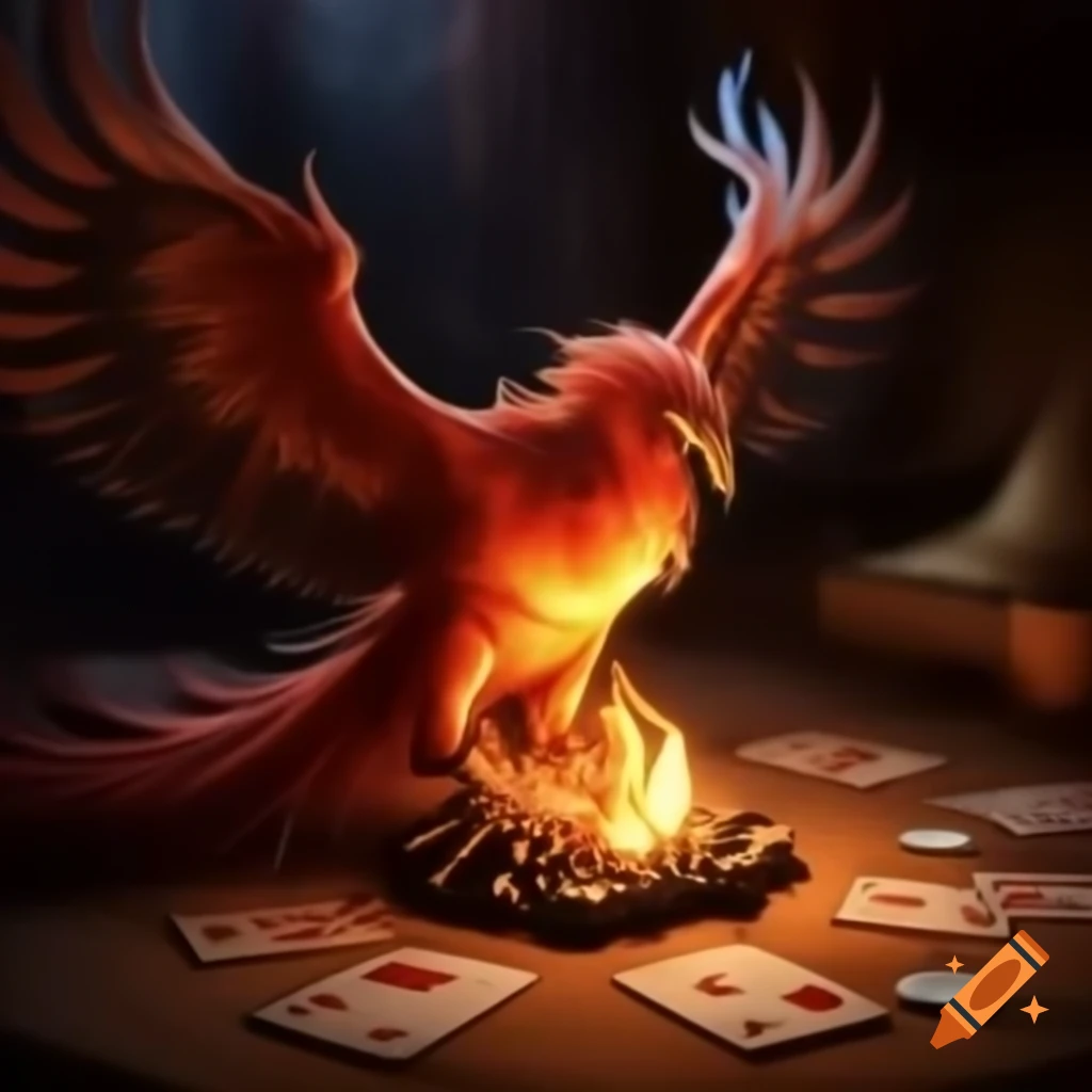 Dimly lit phoenix rising from dying campfire embers with playing cards in foreground