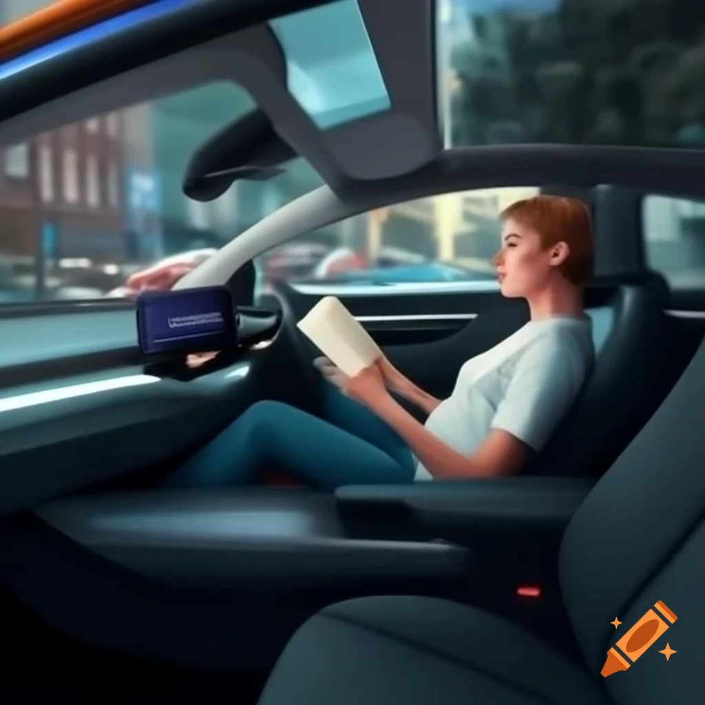 Person relaxing in autonomous taxi, reading book in bustling city